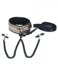 Spartacus Faux Leather Collar &amp; Leash Black Nipple Clamps Gold