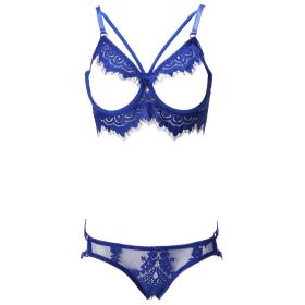 Ladies lace bra and panties 2-piece set (Blue, S)