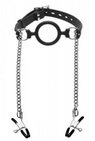 Mutiny Silicone O-Ring Gag With Nipple Clamps Black